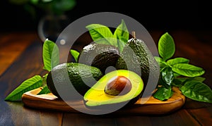 Avocados and leaves on a cutting board on a table
