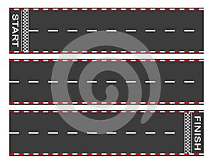 Avoid the asphalt road from start to finish. Background of car or go-kart road race. top view. Abstract graphic element of asphalt