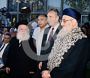 Avraham Shapira, Shimon Peres, and Menachem Eliahu in Jerusalem, Israel in 1986