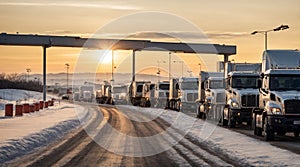 Avto trucks at the border crossing point, winter time, copy space