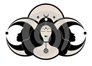 Wiccan woman icon, Triple goddess symbol of moon phases. Hekate, mythology, Wicca, witchcraft. Triple Moon Religious Wiccan sign photo
