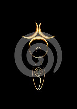 Gold spiral goddess of fertility and triple moon Wiccan. The spiral cycle of life, death and rebirth. Golden Woman Wicca mother photo
