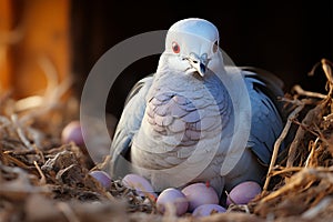 Awaiting her cherished chicks, the mother pigeon exhibits enduring patience