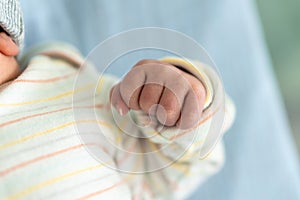 Awake Newborn Baby Face Portrait Acne Allergic Irritations Early Days Grimace Crying On Blue Background. Child Start