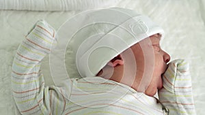 Awake Newborn Baby Face Portrait Acne Allergic Irritations Early Days Sneeze On White Background. Child Start Minutes Of