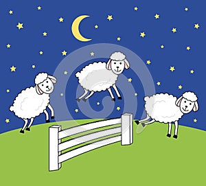 Awake at night. Counting sheep. Insomnia illustration.