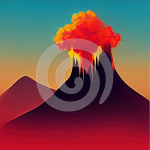 Awakened volcano flat illustration. Volcanic eruption simple picture. Volcano crater with erupting lava. AI-generated