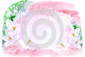 Awakening of nature watercolor art, spring illustration, flowering snowdrops, light pink colors