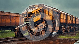 A rusty old train that has come to life is moving along the railway. photo