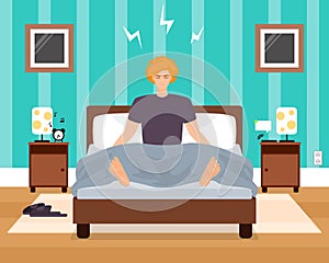 Awaking in bad mood young man vector flat illustration