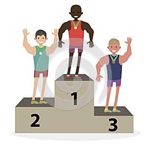 The award ceremony medals the athletes on the podium. Men`s winners. Character vector illustration flat people.