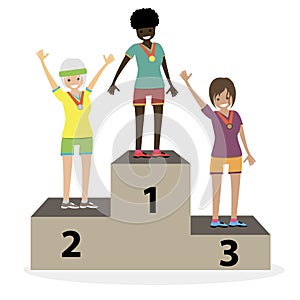 The award ceremony medals the women athletes on the podium. Girls winners. Character vector illustration flat people.