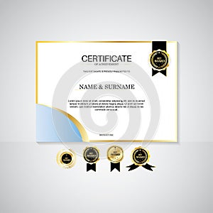 Award certificate landscape template, gold and blue colors. Clean modern certificate with gold badge. Certificate border template