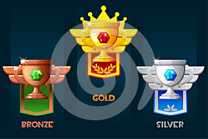Award cup icons. Bronze, silver and golden reward with pennant. Premium award level up icon