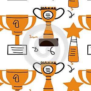 Award doodle background of first place cups champion concept