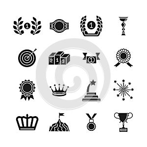 Award icons. Black vector competition awarding and achievement silhouette icon set isolated on white background