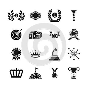 Award icons. Black vector competition awarding and achievement silhouette icon set isolated on white background photo