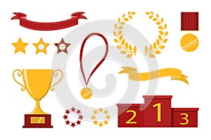 Award icons. Web site. Set of trophy cups, ribbons, stars, laurel wreath, winners podium