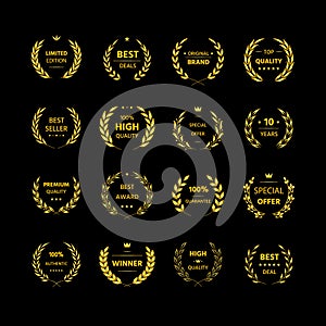 Award laurel wreath. Movie winner, premium quality and certification guaranteed golden emblem with olive branch heraldic