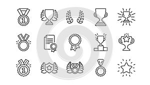 Award line icons. Winner medal, Victory cup and Trophy reward. Linear icon set. Vector