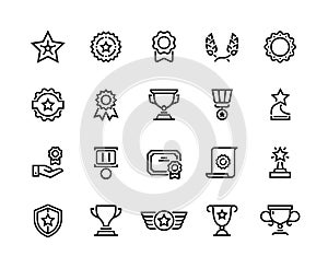 Award line icons. Winner reward, trophy medal and competition medal, premium quality symbol. Vector winner cup and prize