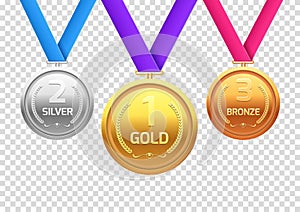 Award medal gold silver and bronze. Champion metal ward for winner. Vector achievement