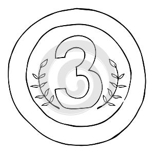 Award medal icon. Vector illustration of a medal for third place. Hand drawn medal for 3rd place with laurel branches