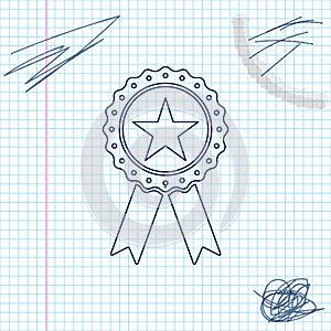 Award medal with star and ribbon line sketch icon isolated on white background. Winner achievement sign. Champion medal