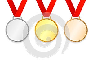 Award Medals with ribbons set. Collection of gold, silver and bronze medals