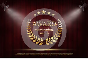 Award nomination emblem, stage in spotlight with red curtain background. Movie award ceremony opening, celebration event