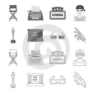 Award Oscar, movie screen, 3D glasses. Films and film set collection icons in outline,monochrome style vector symbol