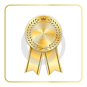 Award ribbon gold icon. Blank medal with laurel wreath isolated white background. Stamp rosette design trophy. Golden