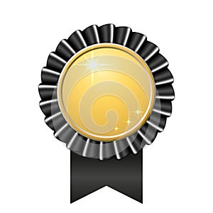 Award ribbon gold icon. Golden black medal design, isolated white background. Symbol of winner celebration, best