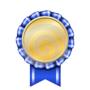 Award ribbon gold icon. Golden blue medal design isolated on white background. Symbol of winner celebration, best