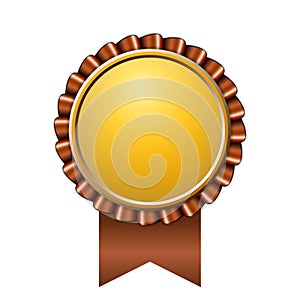 Award ribbon gold icon. Golden brown medal design, isolated white background. Symbol of winner celebration, best