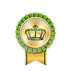 Award ribbon gold icon. Golden green medal crown design isolated white background. Symbol winner celebration, best