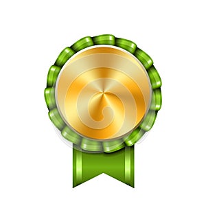 Award ribbon gold icon. Golden green medal design, isolated white background. Symbol of winner celebration, best