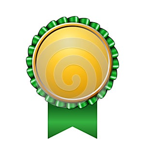 Award ribbon gold icon. Golden green medal design, isolated white background. Symbol of winner celebration, best