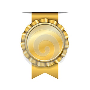 Award ribbon gold icon. Golden medal design isolated on white background. Symbol of winner celebration, best champion