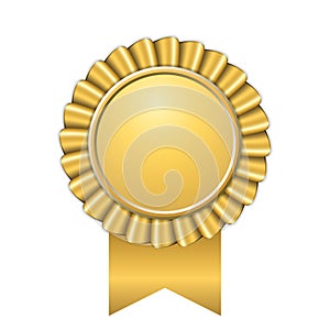 Award ribbon gold icon. Golden medal design isolated on white background. Symbol of winner celebration, best champion