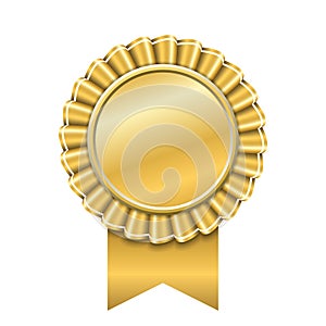 Award ribbon gold icon. Golden medal design isolated on white background. Symbol of winner celebration, best champion