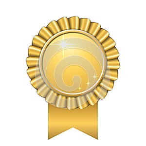 Award ribbon gold icon. Golden medal design isolated on white background. Symbol of winner celebration, best champion