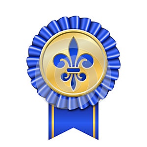 Award ribbon gold icon. Golden medal, fleur de lis design isolated white background. Antique royal lily. Symbol winner