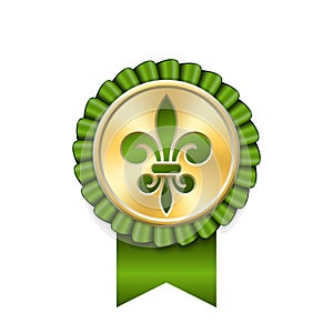 Award ribbon gold icon. Golden medal, fleur de lis design isolated white background. Antique royal lily. Symbol winner