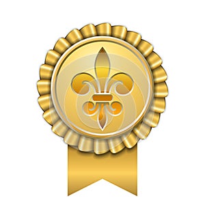 Award ribbon gold icon. Golden medal, fleur de lis design isolated white background. Antique royal lily. Symbol winner