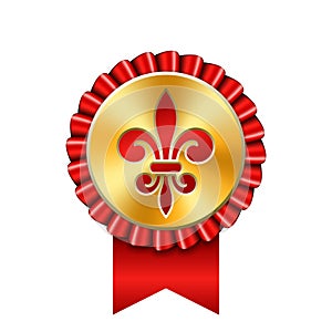 Award ribbon gold icon. Golden medal, red fleur de lis design isolated white background. Antique royal lily. Symbol