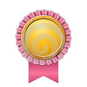 Award ribbon gold icon. Golden pink medal design, isolated white background. Symbol of winner celebration, best champion