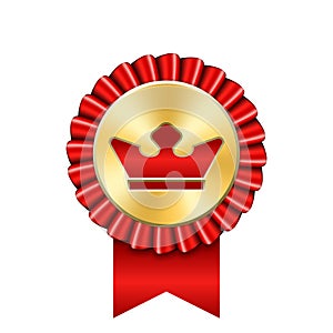 Award ribbon gold icon. Golden red medal crown design isolated white background. Symbol winner celebration, best