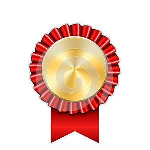 Award ribbon gold icon. Golden red medal design isolated on white background. Symbol of winner celebration, best