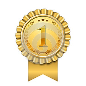 Award ribbon gold icon number first. Design winner golden medal 1 prize. Symbol best trophy, 1st success champion, one